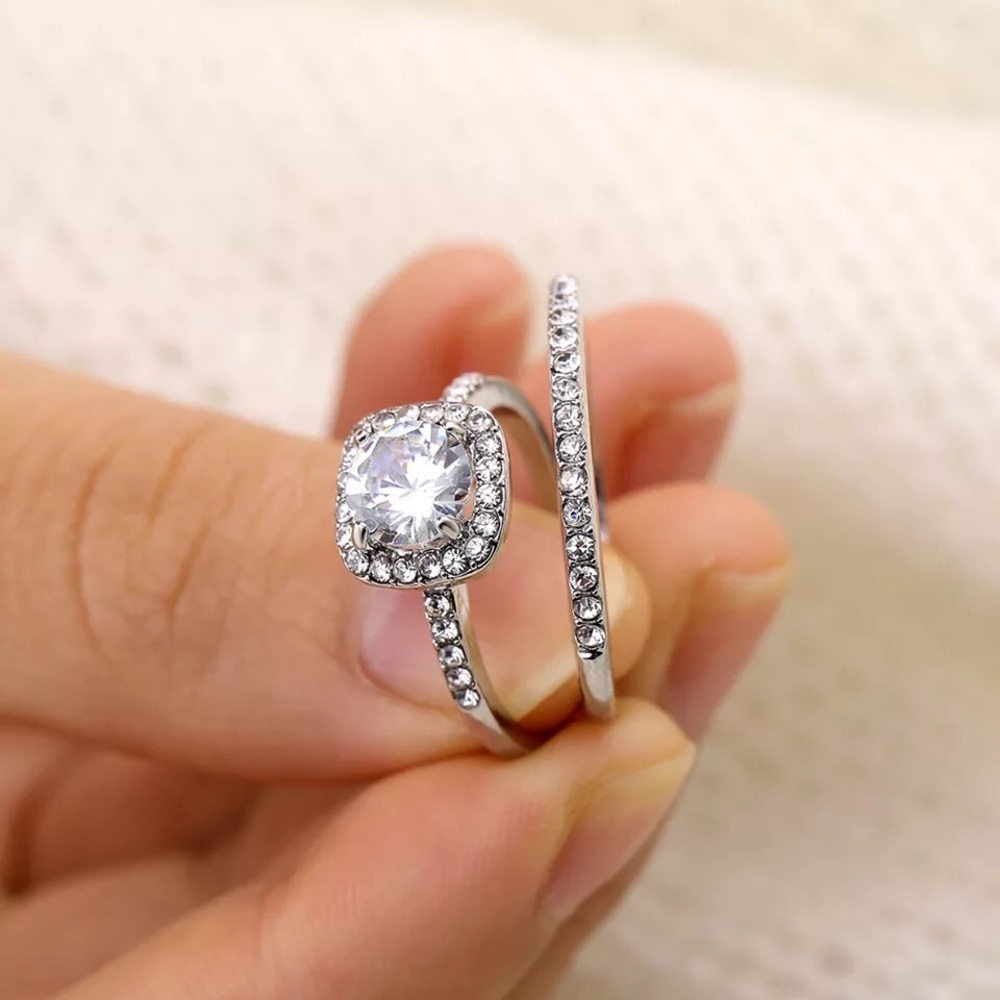 Double rings band luxury chic rhinestone diamond - Picture 3 of 8